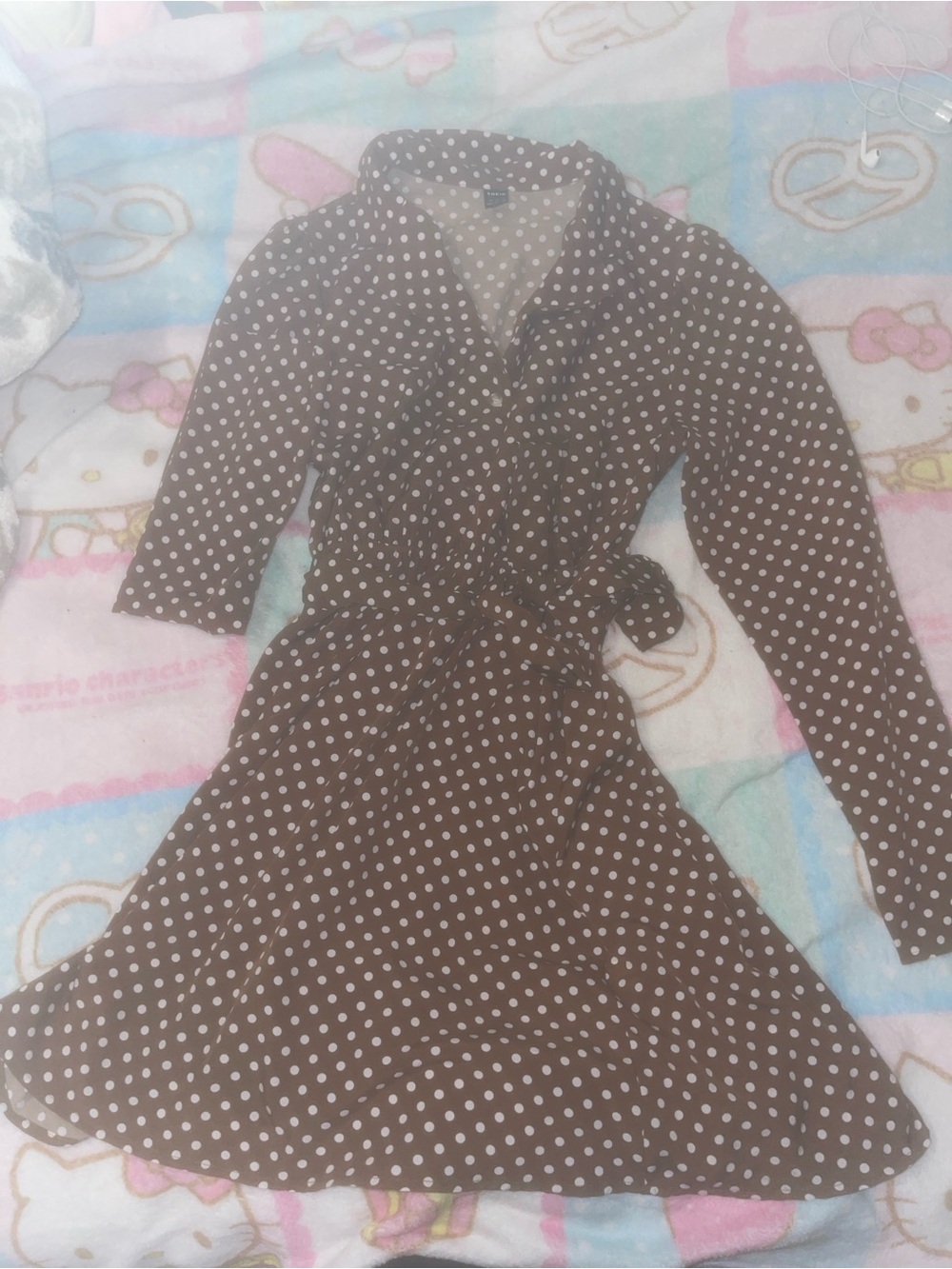SHEIN Brown Polka Dot Long Sleeve Wrap Dress